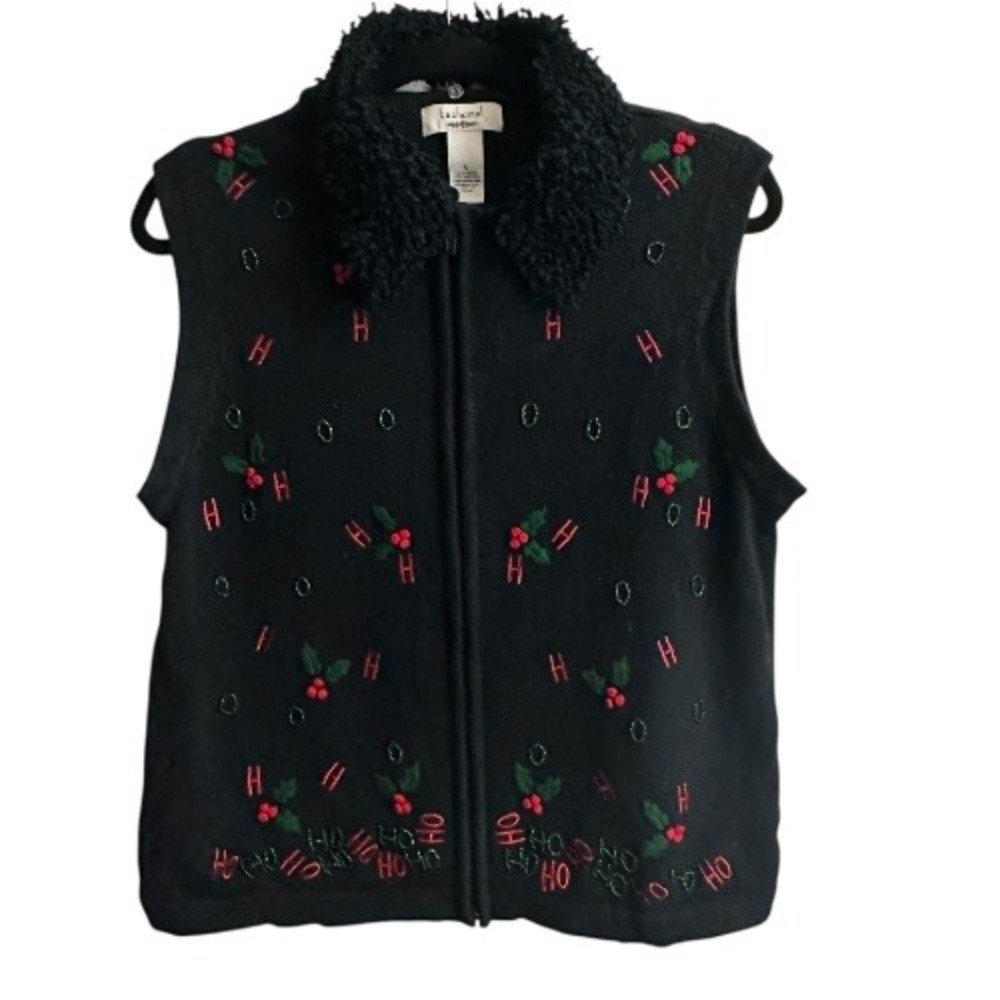 Bechamel Christmas Sweater Vest Black L Women Ho Ho Ho Beaded Holiday Zip Up VTG
